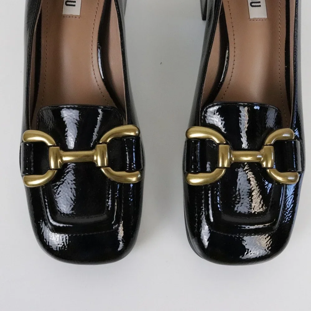 Anthropologie Bibi Lou Valencia Loafer Pumps Heels Black Patent Leather 37 6.5